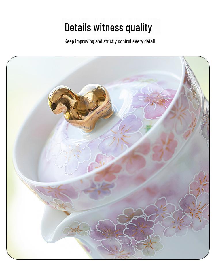 White Porcelain Floral Travel Tea Set: Includes One Pot, Three Cups, and Portable Bag.