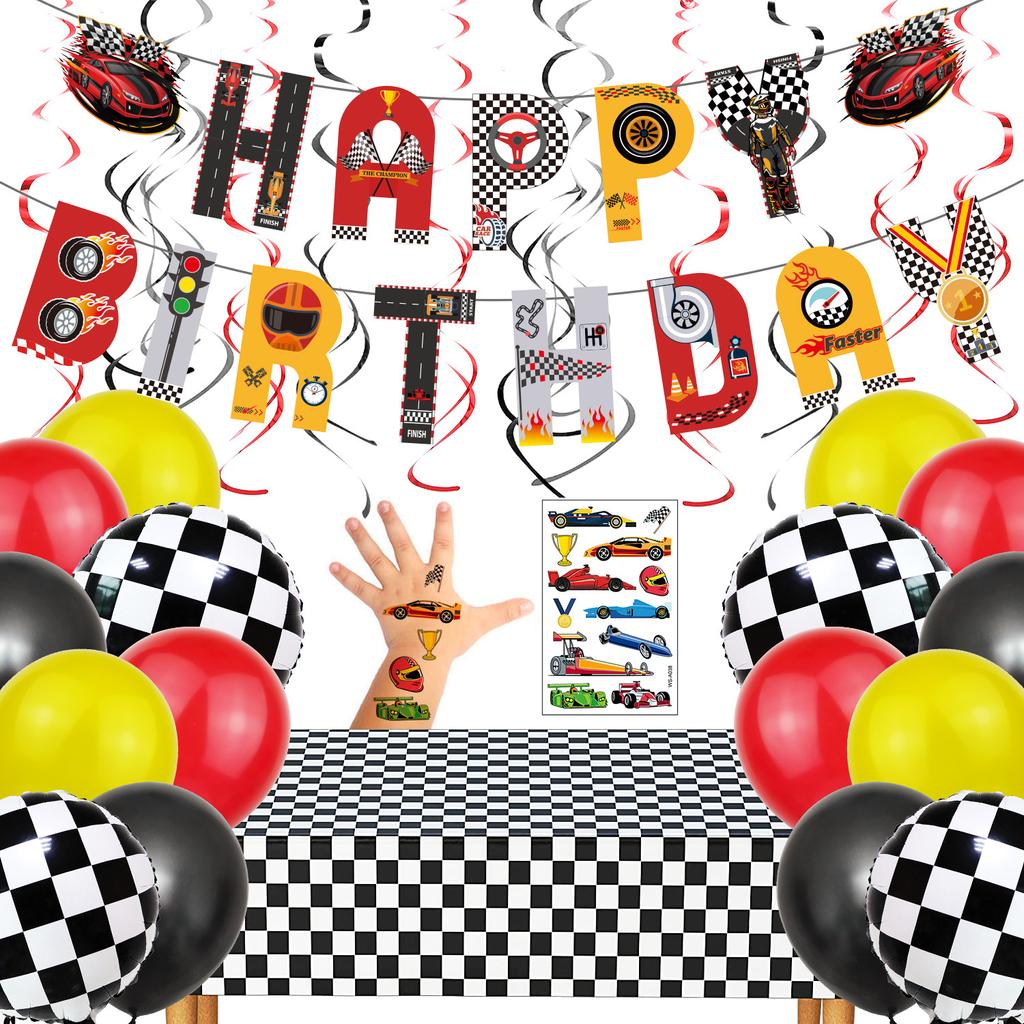 Racing Theme Children'S Birthday Party Decoration Set Birthday Flag Tablecloth Sticker Latex Balloon Spiral Pendant