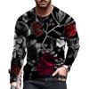 Autumn Daily Fresh Red Rose 3D Digital Printing Tees Casual O Neck Long Sleeve Men's T-shirt