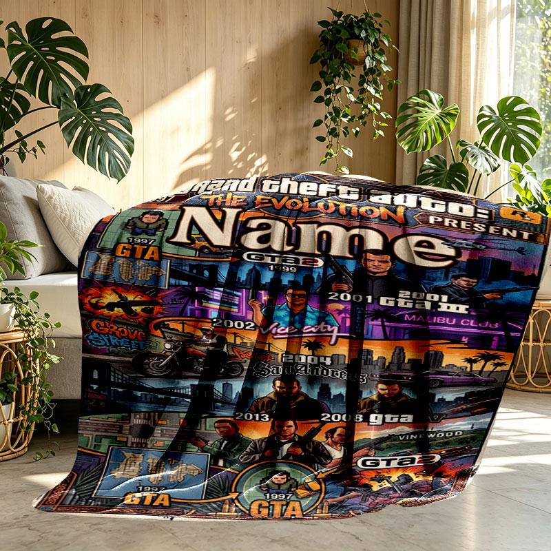 Custom Name Personalized Grand Theft Auto Print Blanket, Home Decor, Bedroom, Sofa, Camping, Couch, Gifts for Birthday Christmas