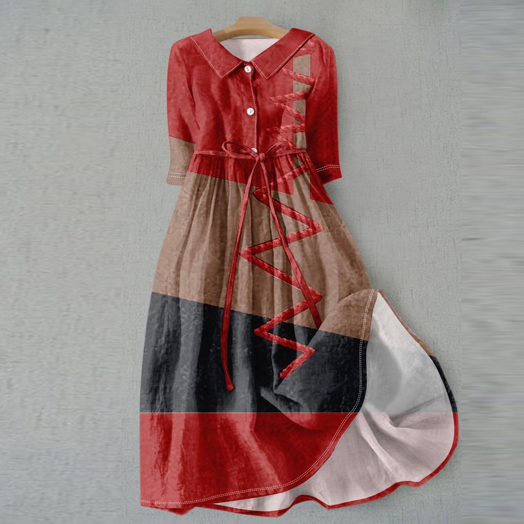 Женская мода повседневное платье с воротником на лацкане и пуговицами с рукавами 3/4 и бретелями