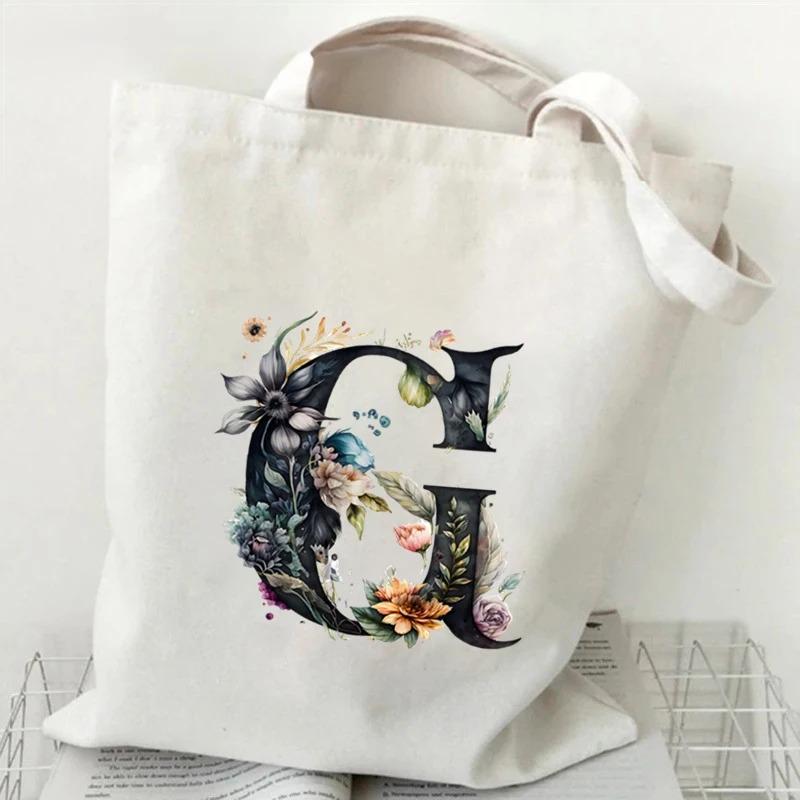 26 Letters Flower Tote Bag For Women Eco Reusable Shoulder Bagslarge Capacity Canvas Casual Harajuku Shopping Shopper Handbag