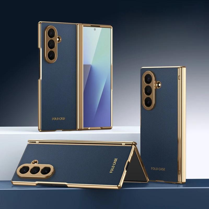 Защита шарнира Электроplated Рамка Кожаный Чехол для Samsung Galaxy Z Fold 8 Ultra 7 6 5 4 3 Полное Покрытие с Защитой Экрана