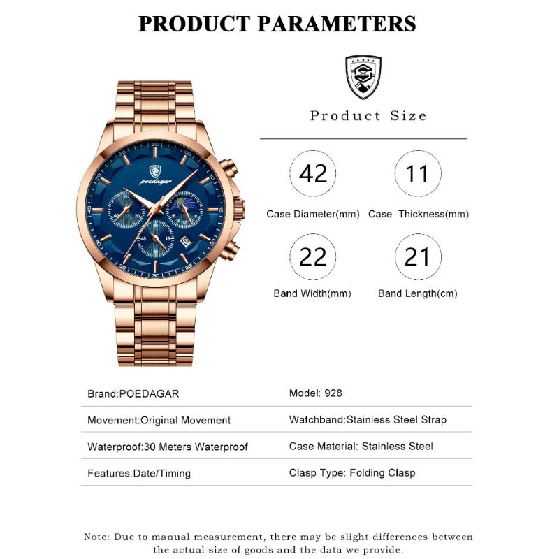 POEDAGAR Роскошные мужские наручные часы, светящиеся водонепроницаемые, хронограф, дата, мужские часы из нержавеющей стали, мужские кварцевые часы