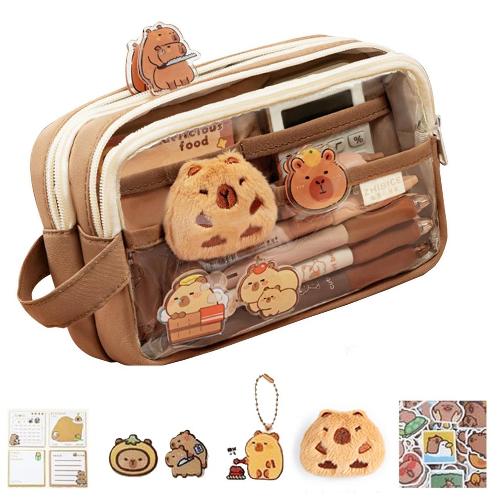 Clear Pencil Pouch 5 Layer Pencil Case Large Capacity Capybara Doll Capybara Sticker Brooche Kit