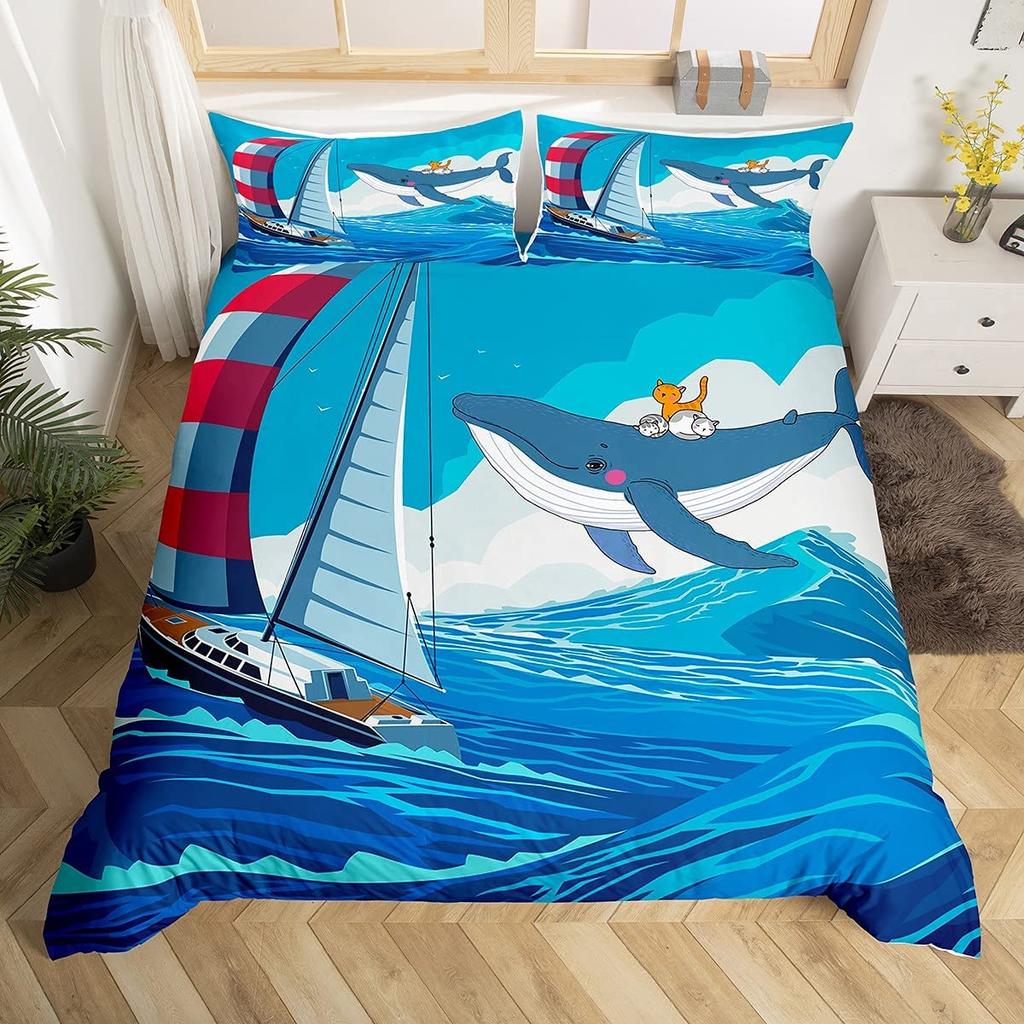 Cat Duvet Cover Set Watercolor Whale Fishing Bedding Set Ocean Sea Wave Comforter Cover Marine Nautical Themed Bedspread Cover