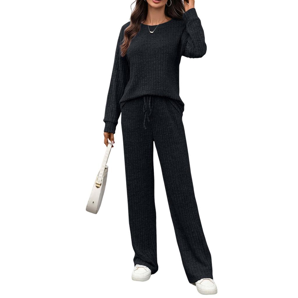 Женский модный и удобный трикотажный комплект для отдыха с круглым вырезом, длинными рукавами и брюками с начесом