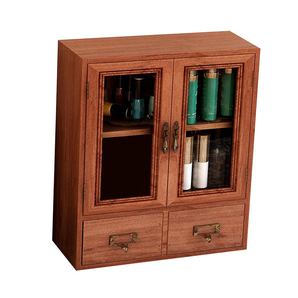 Деревянный настольный шкаф для хранения с двойной дверцей и ящиками, прозрачная текстура, ретро деревянная шкатулка для драгоценностей для духов, чашек