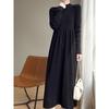 Women's Solid Color Velvet Knit Pullover Mid-Length Dress - Long Sleeve, Half High Neck, Over-the-Knee Style