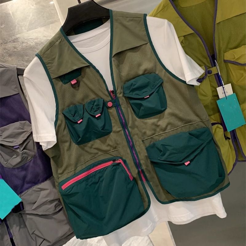 Outdoor mountain style leisure sports vest fishing for men and women, multi-pocket couple vest, hiking functional style color-block vest