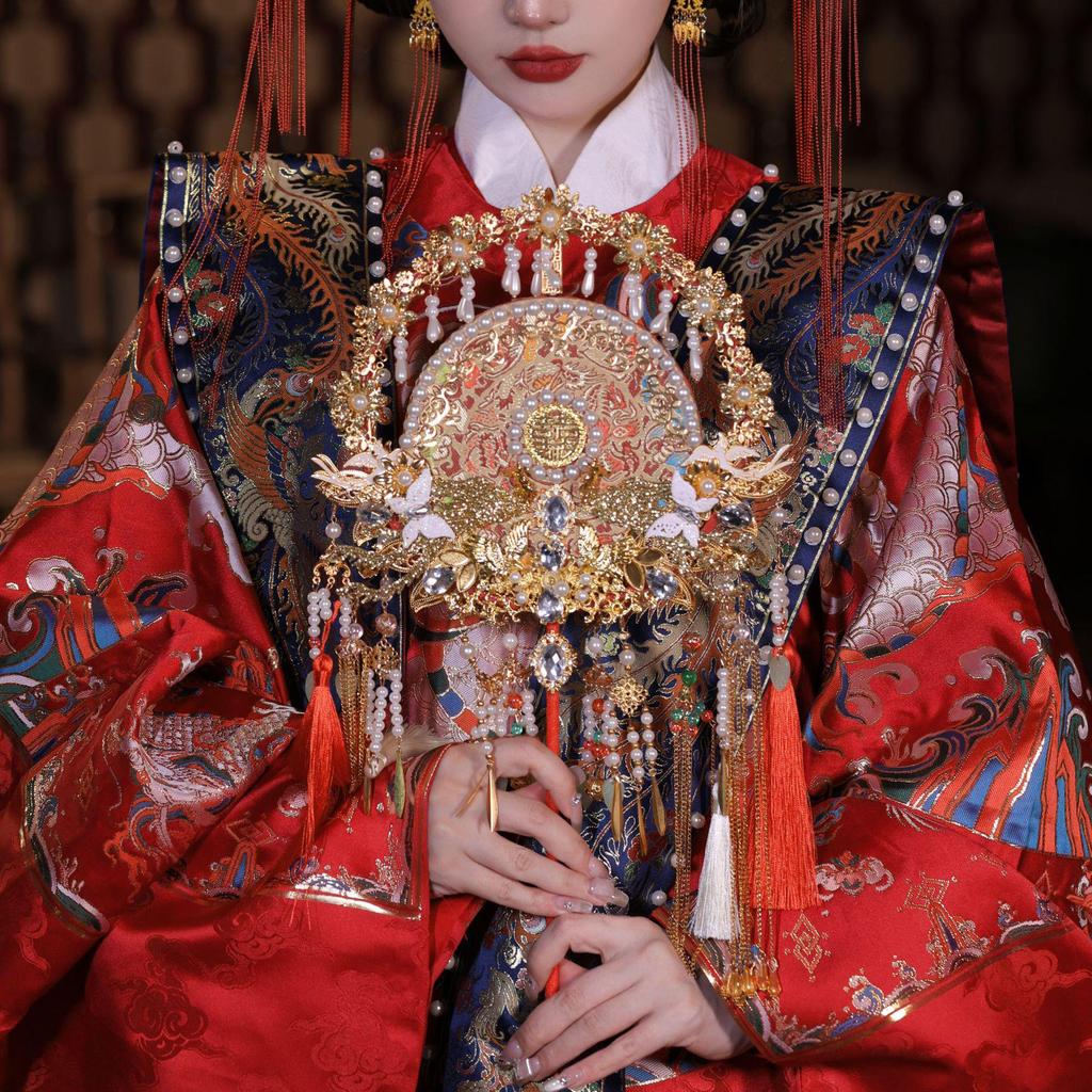 Красный кружевной свадебный круглый веер для одежды Xiuhe с двухсторонней маской своими руками - китайский стиль (9255)