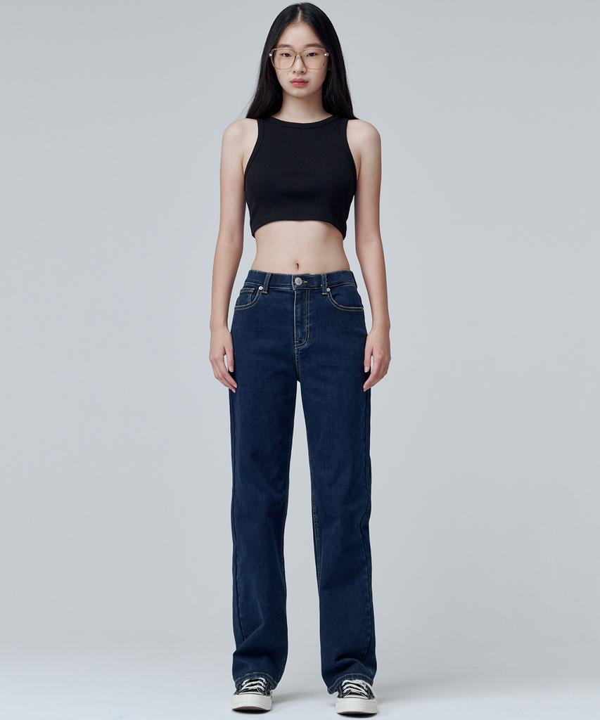 MALOUPE 9101 Brushed High-Rise Wide Denim Pants (Dark Indigo)