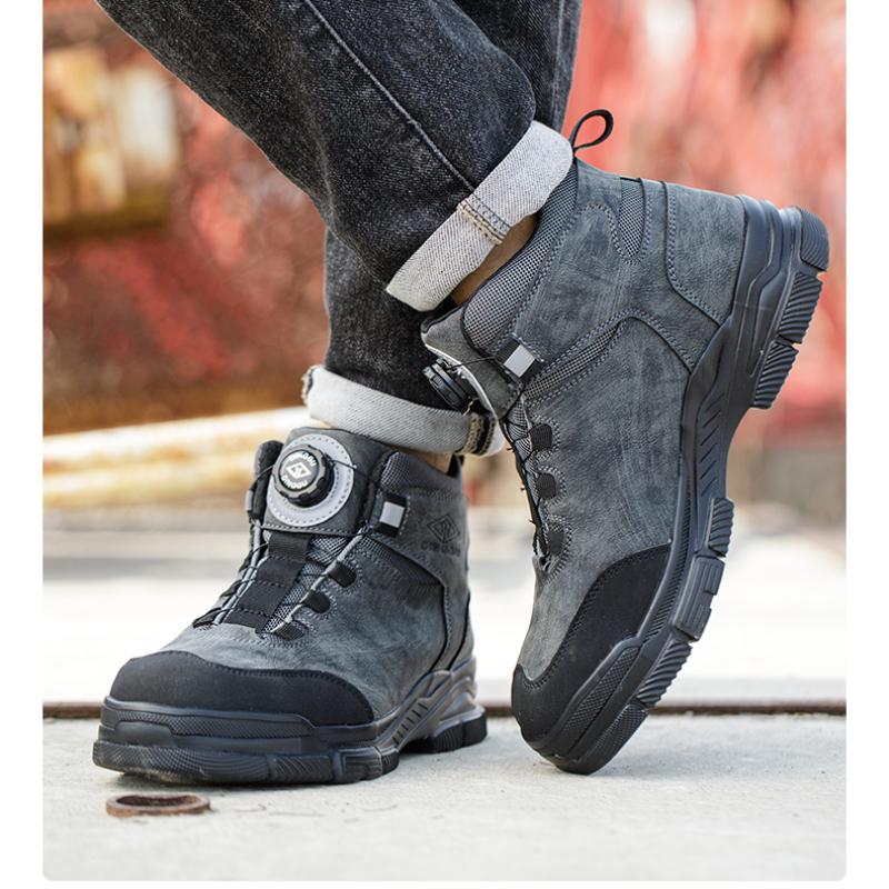 Новые вращающиеся кнопки мужские рабочие ботинки стальной носок защитная обувь защитные ботинки мужские анти проколы анти разбивание защитная обувь