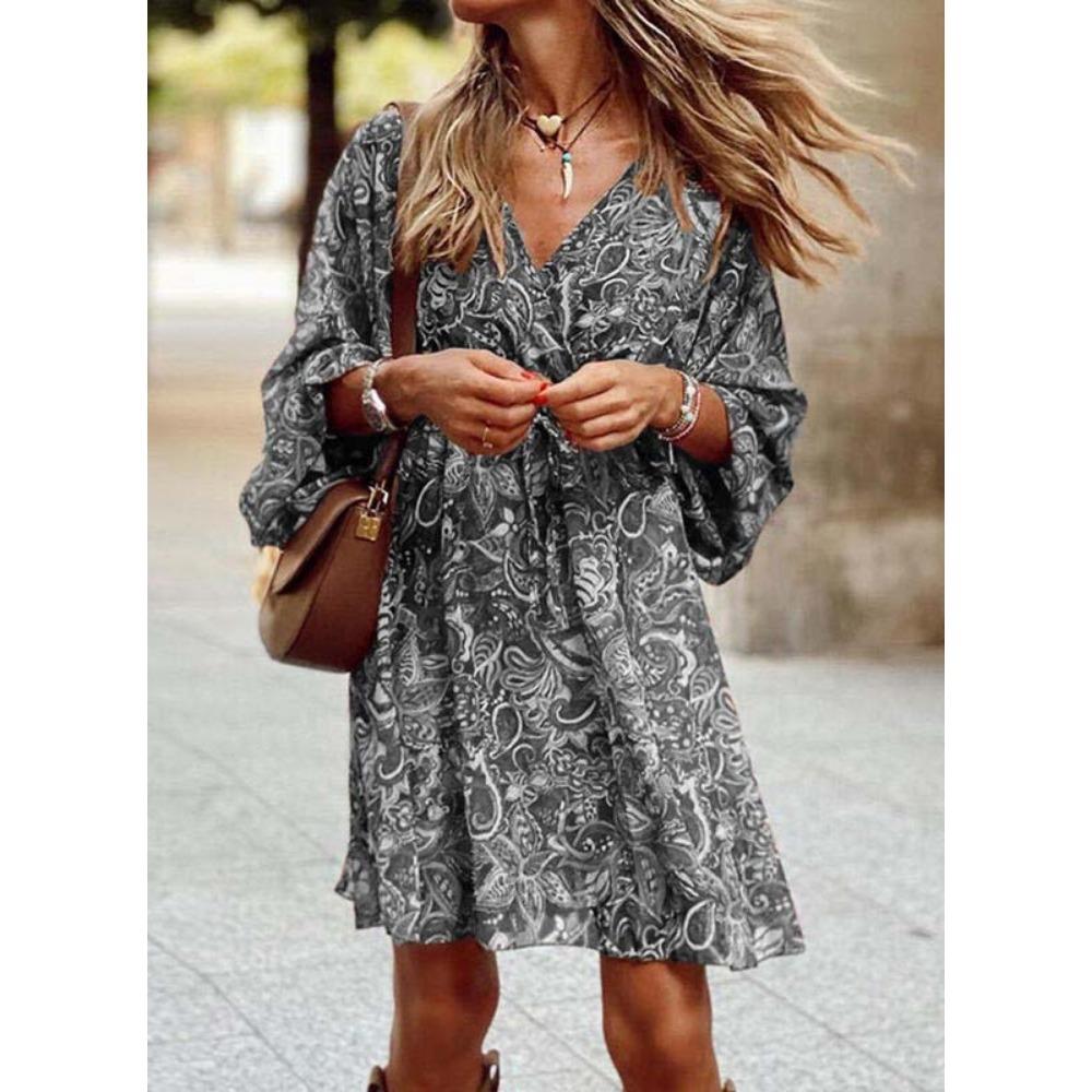 JPNTKY Women's Fashion Autumn Winter Floral Print Long Sleeve V-Neck Casual Dresses