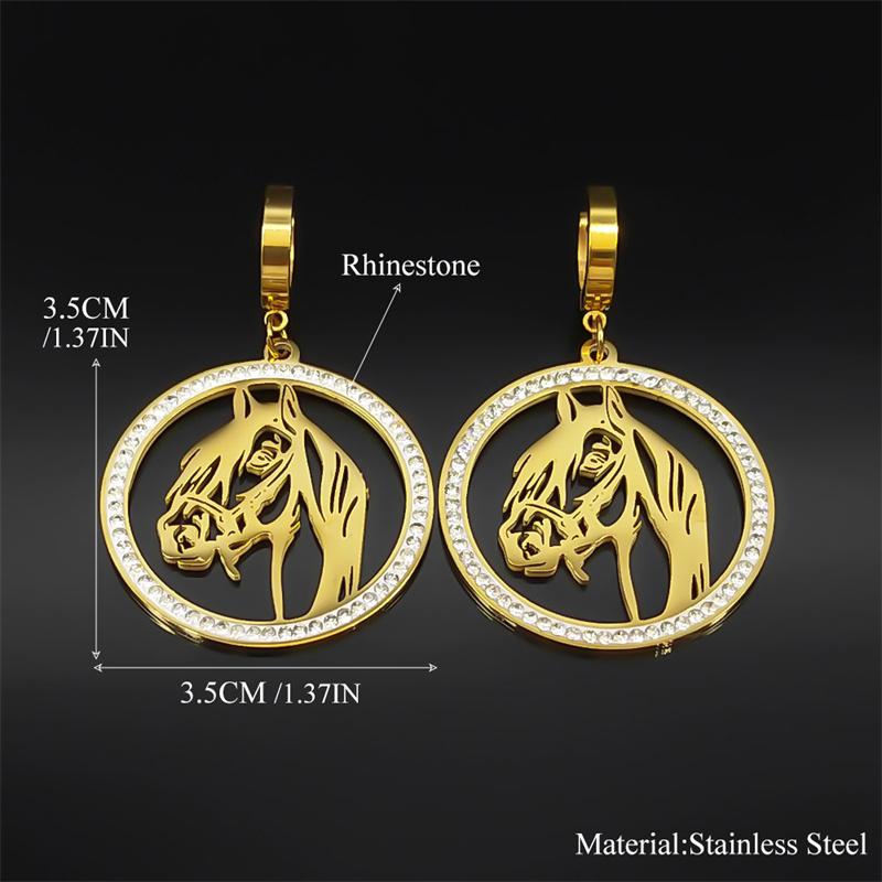 Hollow Horsehead Rhinestone Dangle Pendants Earrings for Women Men Stainless Steel Gold Color Animal Earring Jewelry Gifts E42