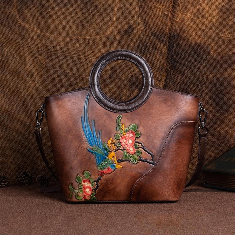 Flower Bird Embossing Genuine Leather Shoulder Bags for Women Ladies Vintage Design Handbags Fashion Crossbody Bag