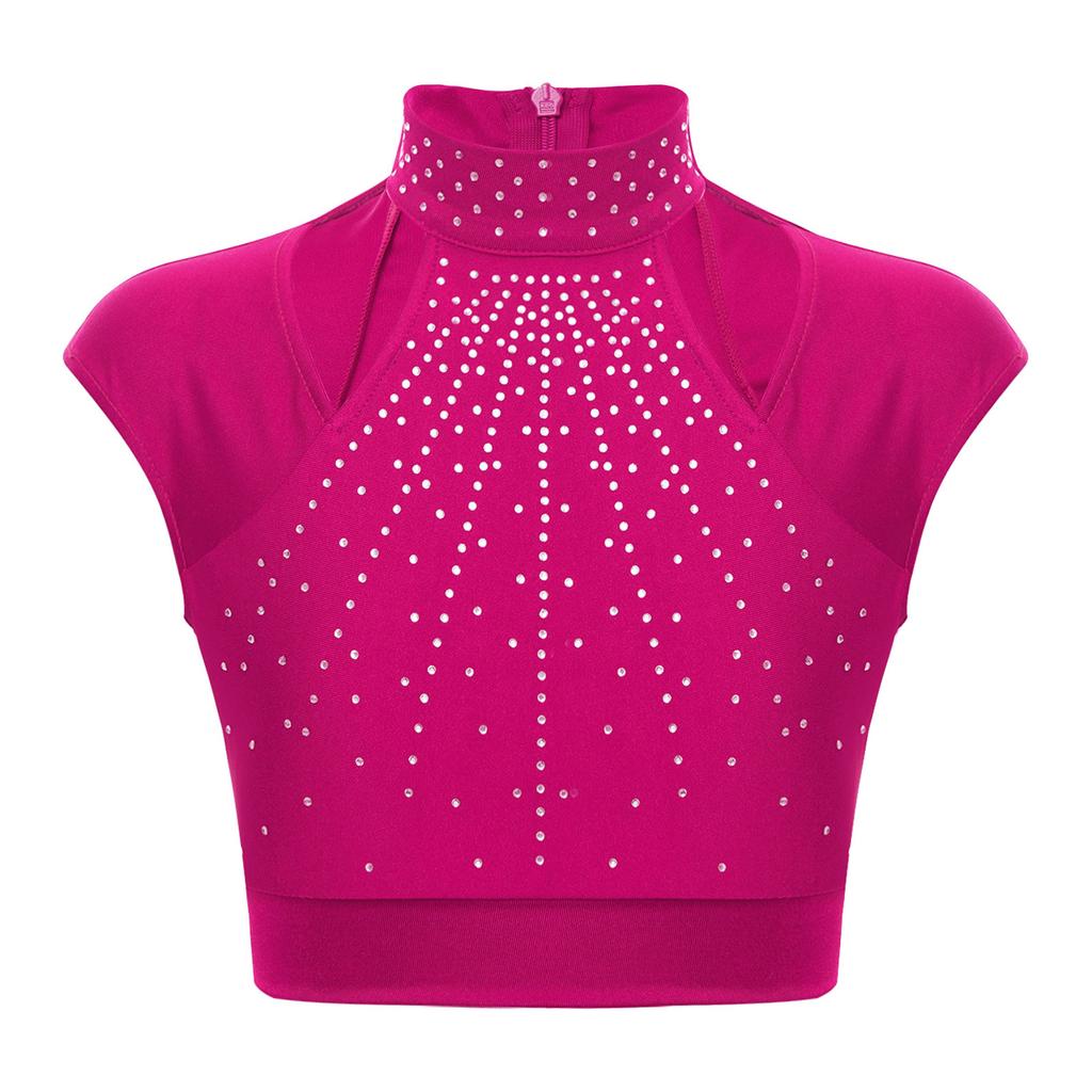 Girls Sleeveless Crop Top Shiny Rhinestones Cutout Design for Figure Skating Dance Gymnastics Performance Wear