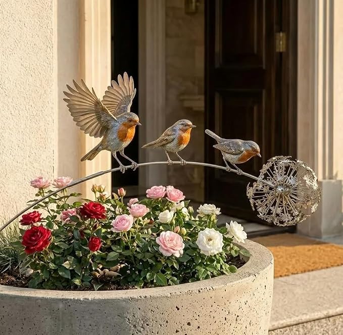 Metal flower with colorful wind crafts three-dimensional dandelion bird