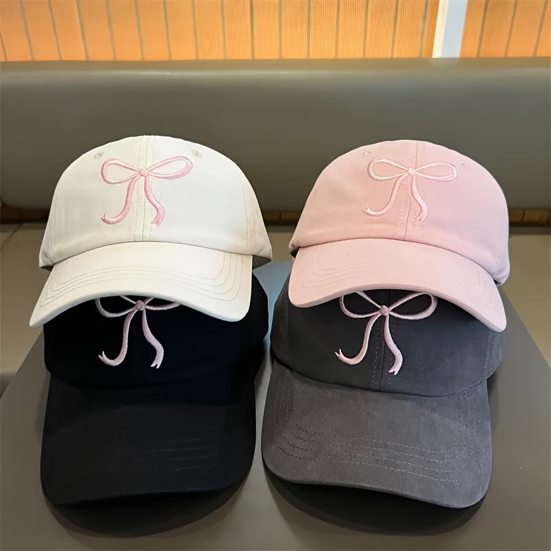 1 шт. Вышитая бейсболка с бантом - Регулируемая посадка для бейсбола, велоспорта, бега, пеших прогулок Стильная черная с розовым бантом Спортивная кепка для улицы