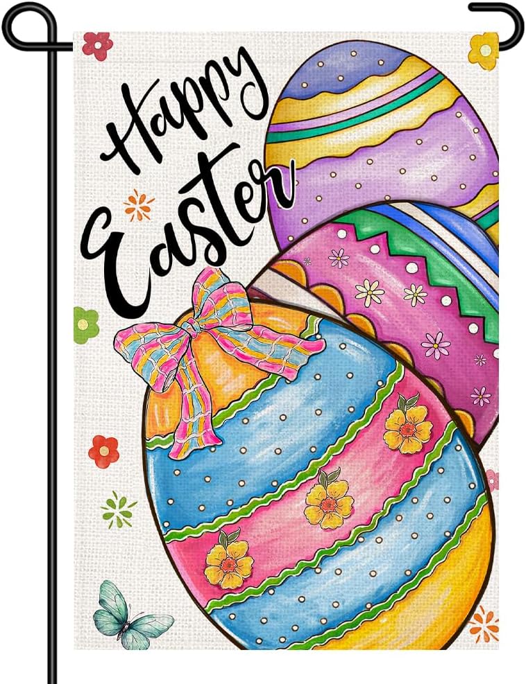 Happy Easter Garden ag 12x18 Inch Double Sided Small Yard Sign, Colorful Easter Eggs with Bow Spring Outdoor Decor for Por