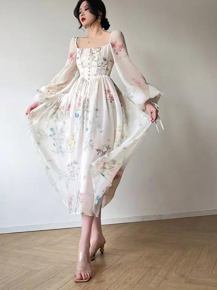 Французское элегантное мини-платье с квадратным воротником и принтом, женская мода, шифоновые вечерние платья с длинными рукавами, женская винтажная пляжная одежда на шнуровке, фея