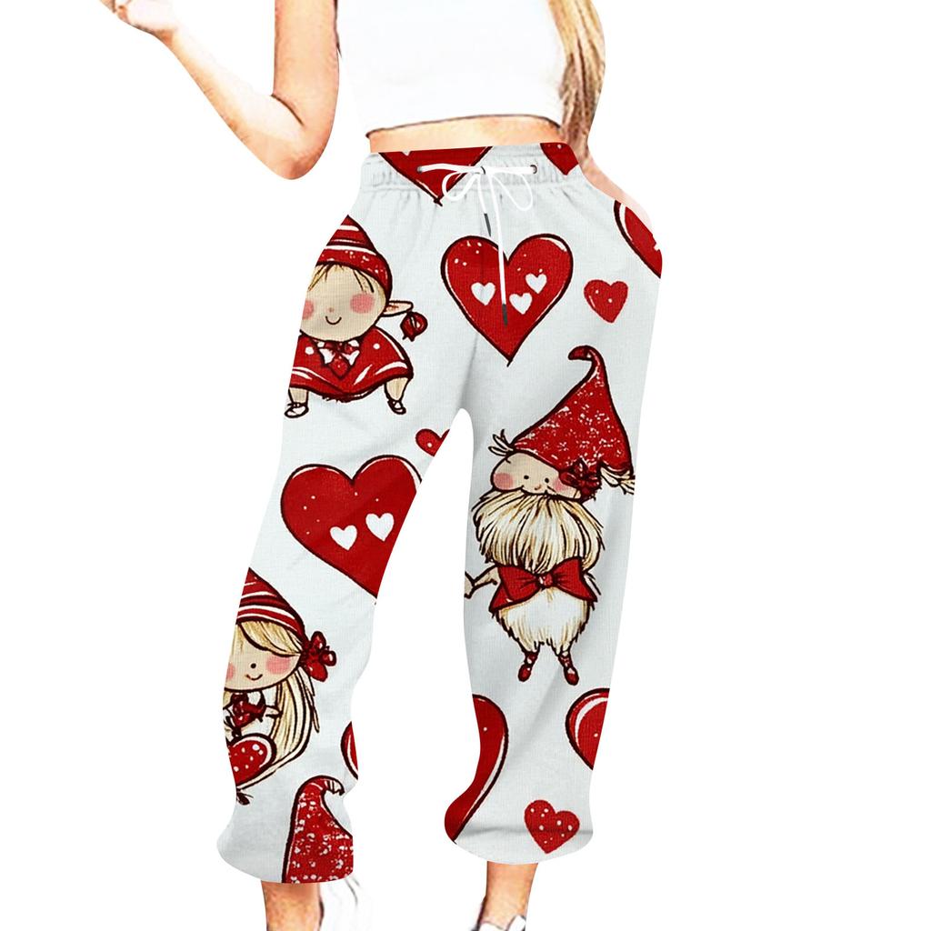 Женская повседневная мода День святого Валентина Повседневные брюки с принтом Спортивные брюки Брюки с эластичной резинкой на талии со шнурком Брюки со шнурком