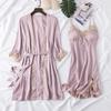 Women's Silk Five-Piece Pajama Set: Spring/Autumn Nightdress & Robe with Chest Pad
