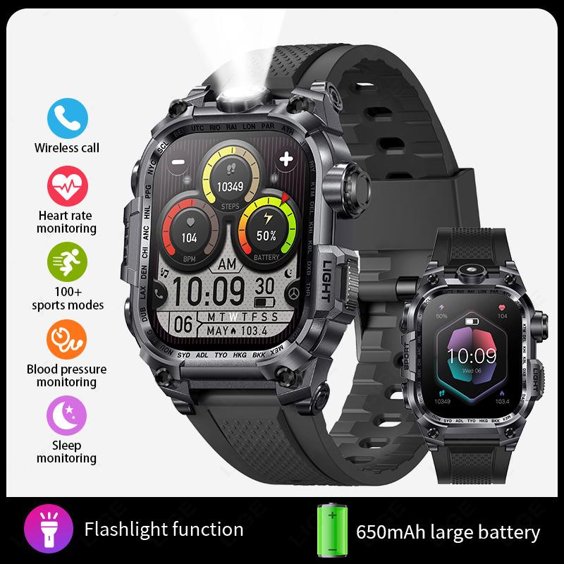 Новые многофункциональные квадратные уличные смарт-часы с большим экраном и фонариком, мониторингом здоровья, мужской спортивный браслет