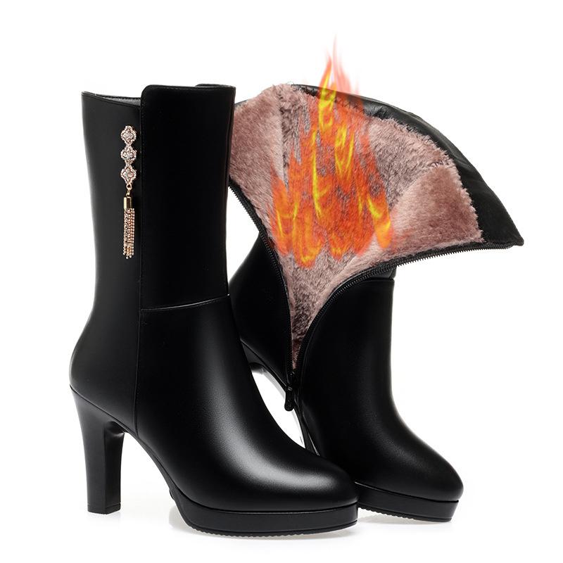 Женские Зимние Теплые Мягкие Модные Кожаные Женские Сапоги На Высоком Каблуке Плюшевые Тренд До середины икры Молния Круглый носок Сапоги
