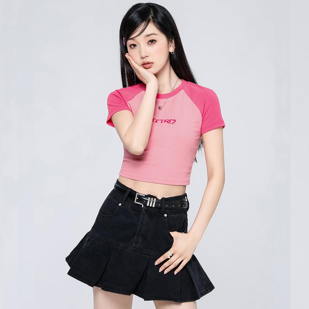 2024 American style ragtag patchwork contrasting short sleeved T-shirt for women with spicy girl print and exposed navel top