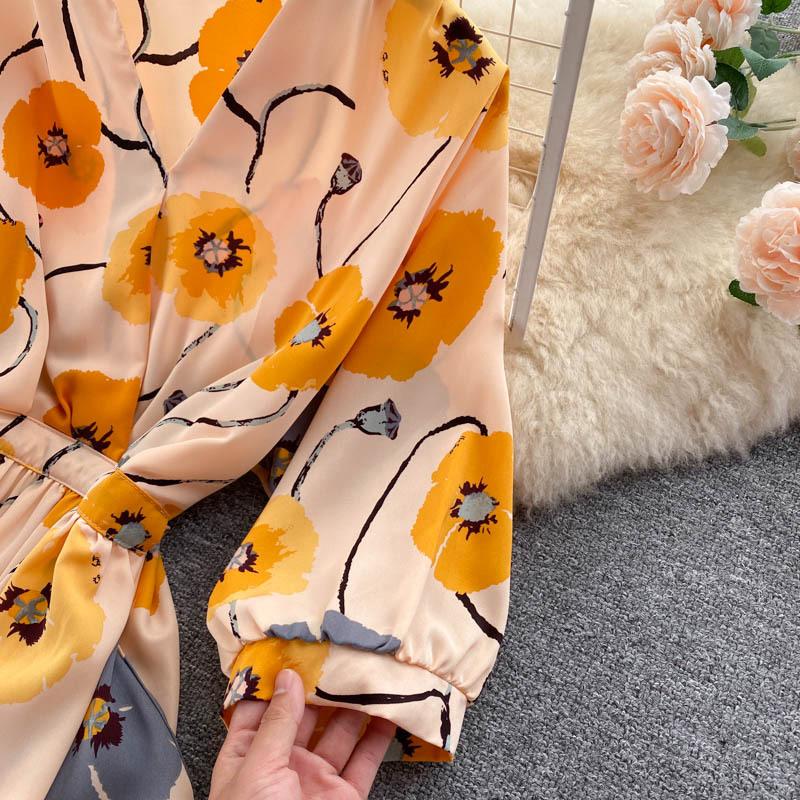 Летнее женское винтажное платье с принтом, элегантное трапециевидное платье миди с v-образным вырезом и пышными рукавами и высокой талией, женские пляжные платья для отдыха