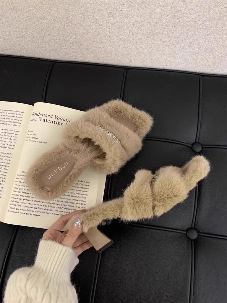 Mao Mao Slippers Women's Autumn New Outer Wear 2025 New French Temperament Rhinestone Mao Mao Shoes Thick Heel High Heels