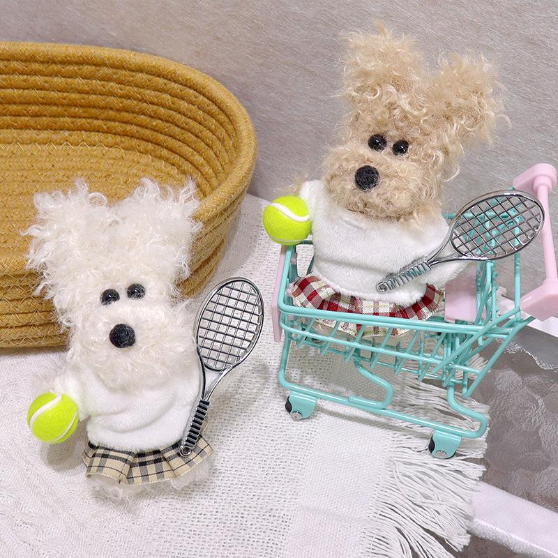 Plaid Skirt Dog Plush Charm with Baseball Bat Keychain Pendant