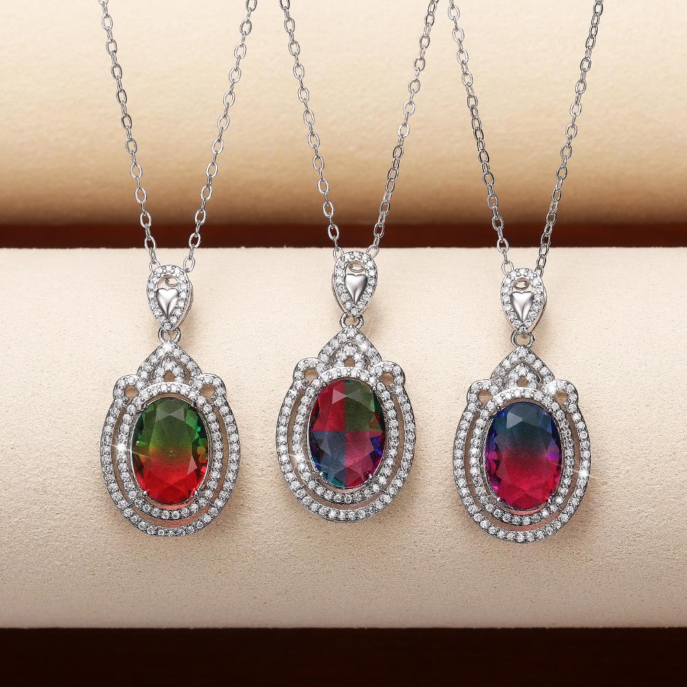 Серебряная Овальная Подвеска с Радужным Цирконом, Двойное Сияние, Кабельная Цепочка, Ожерелье для Женщин
