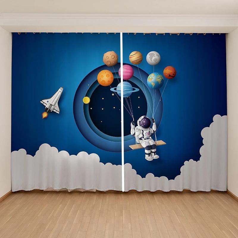 Новые дешевые шторы для мальчиков и девочек в виде космонавтов, планета, для детской спальни, 2 панели, с высоким затемнением, новые модные, с различными узорами