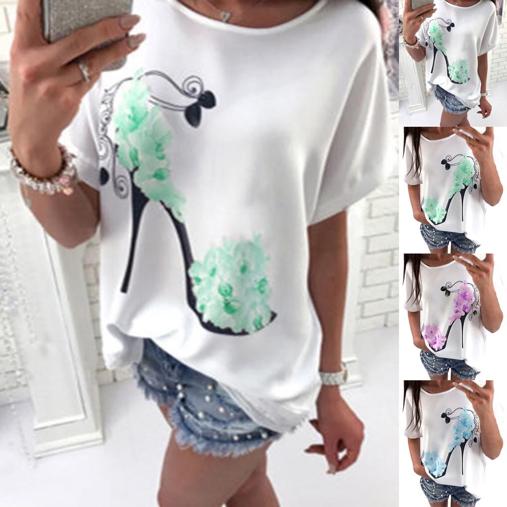 Women's Loose T-shirt Sleeves High Heels Printed T-shirt Short-sleeved Top