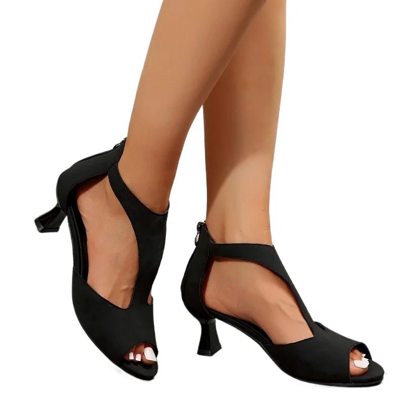 2024 Летняя женская обувь Модные однотонные босоножки с открытым носком и каблуком-шпилькой на молнии на среднем каблуке с застежкой-молнией