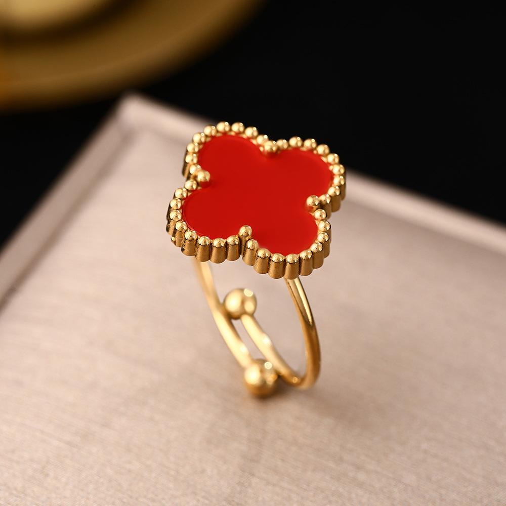 Новое кольцо с перламутром из титановой стали с четырьмя листами клевера, женское регулируемое кольцо на палец, небольшое кольцо на указательный палец