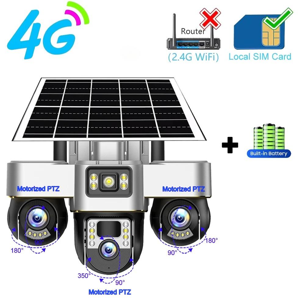 Солнечная камера V380 PRO 4G 15 Мп 3 PTZ-объектива Детекция человека 3 экрана Наблюдение Безопасность Ночное видение Водонепроницаемая CCTV Защита