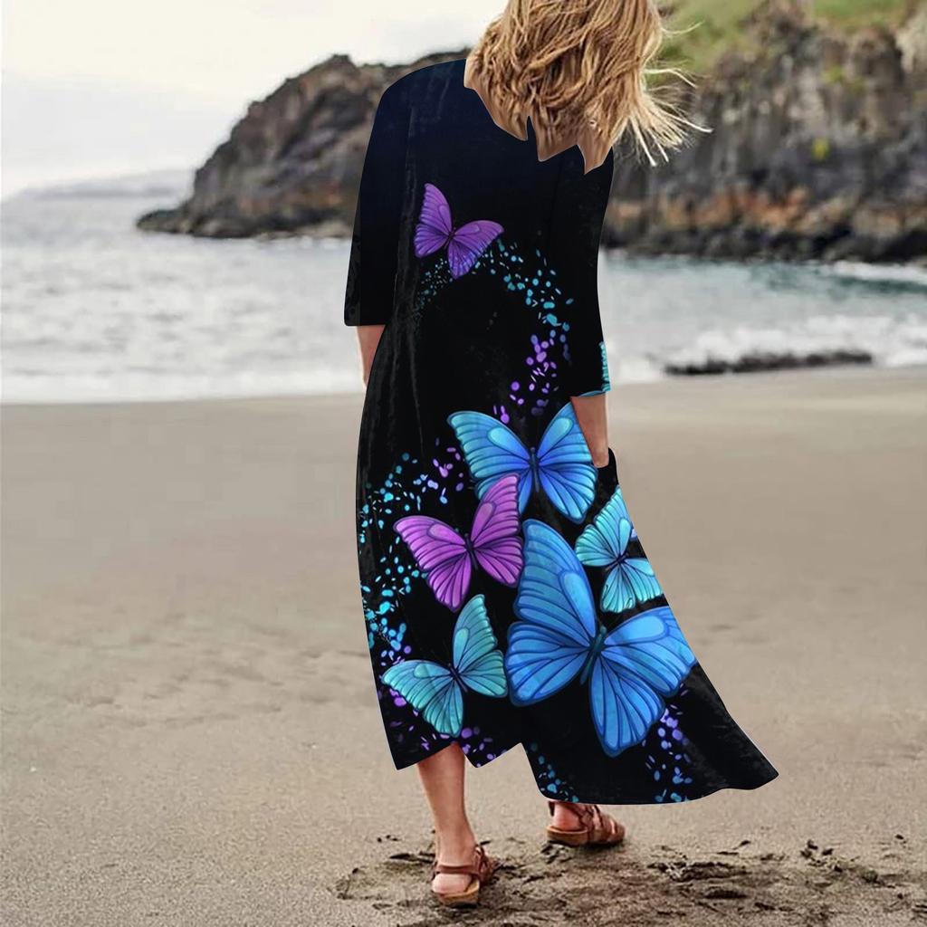 Летнее платье для женщин, повседневное удобное модное платье с карманом и рукавами 3/4 с принтом