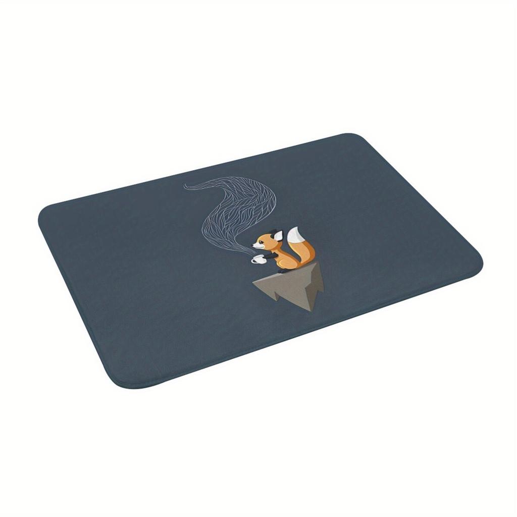 1pc Fox Tea Design Anti-slip Doormat, Polyester Rectangular Machine Washable Floor Mat for Living Room, Bedroom Decoration