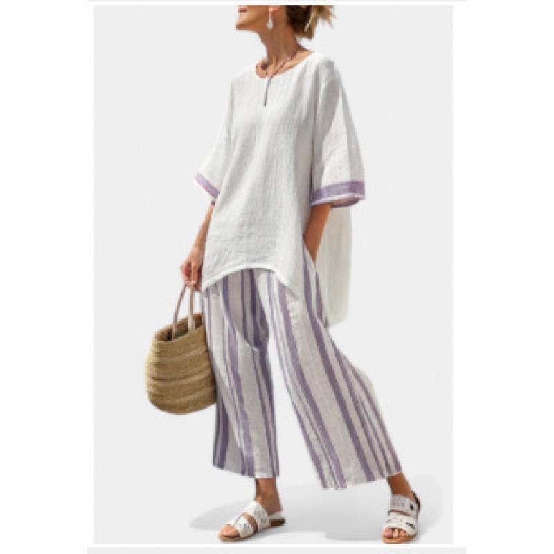 Printed short-sleeved shirt and trousers set Fashion loose round neck top High waist trousers Two-piece set