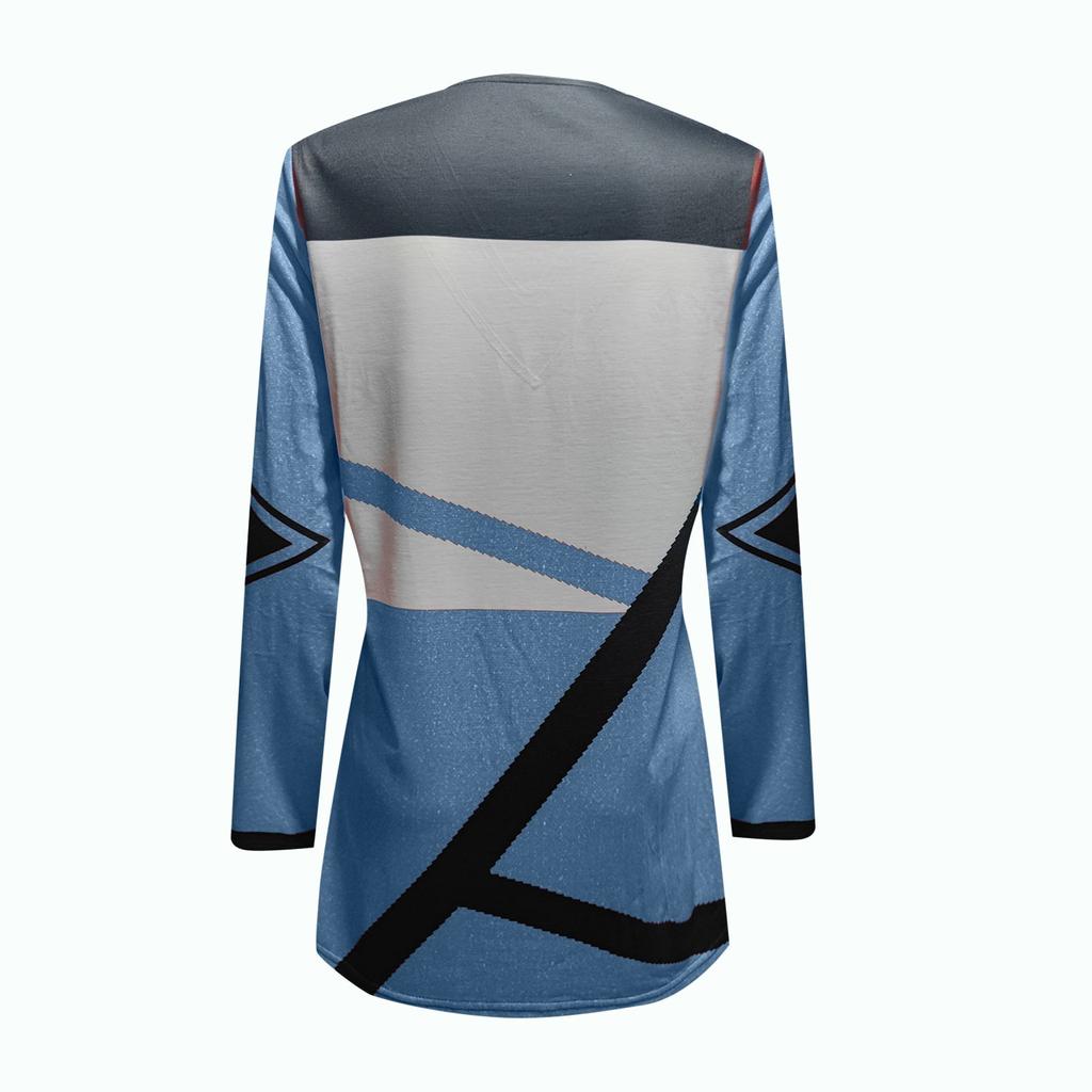 Женская мода, повседневный, темпераментный, новый, с v-образным вырезом, контрастного цвета, с геометрическим принтом, темпераментный, свободный топ с длинными рукавами