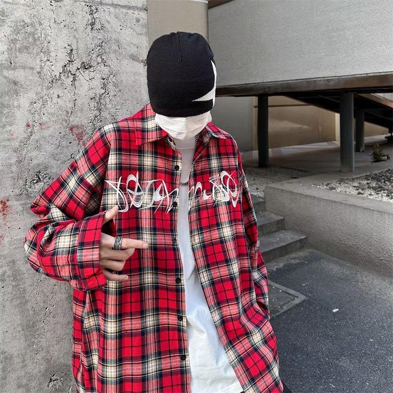 Женская вышитая клетчатая рубашка Boyue, весна и осень, в японском стиле, универсальная, для студентов, модная, повседневная, красная, для мужчин и женщин, уличная одежда