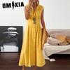 Women's Casual Loose Cotton Linen Shirt Collar Sleeveless Button Solid Colour Long Dresses