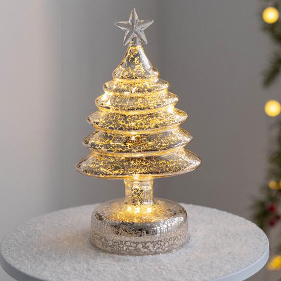Glass Christmas Tree Figurine Tabletop Tree Ornament with LED Lights Holiday Decor Light Up Tree Cone for Home Office Parties Table Centerpiece