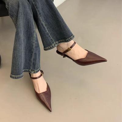 Мода 2025 Лето Новые Сексуальные Остроносые Дизайнерские Шлепанцы Для Улицы Повседневные Удобные Сандалии С Неглубоким Вырезом Средний Каблук Туфли-Лодочки с Пряжкой