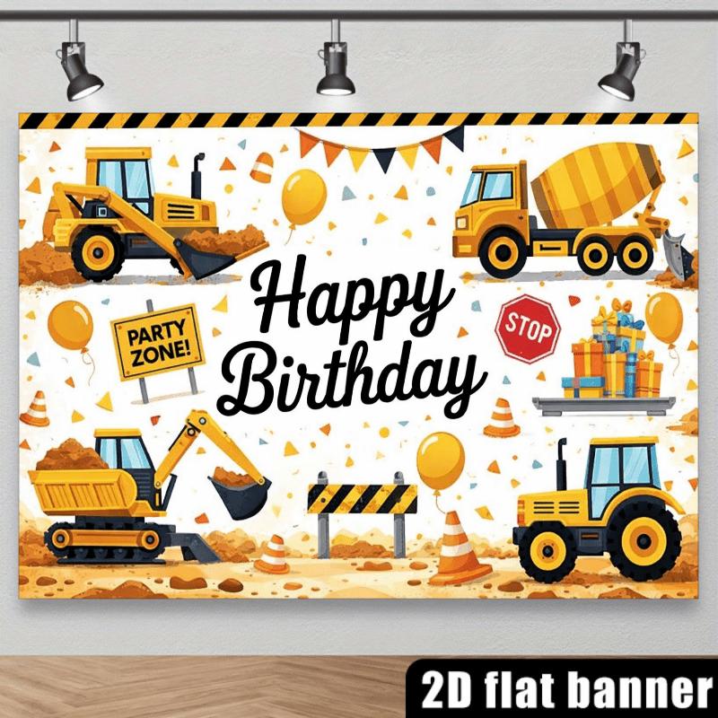 2D planar engineering vehicle theme birthday party banner background - Happy Birthday theme