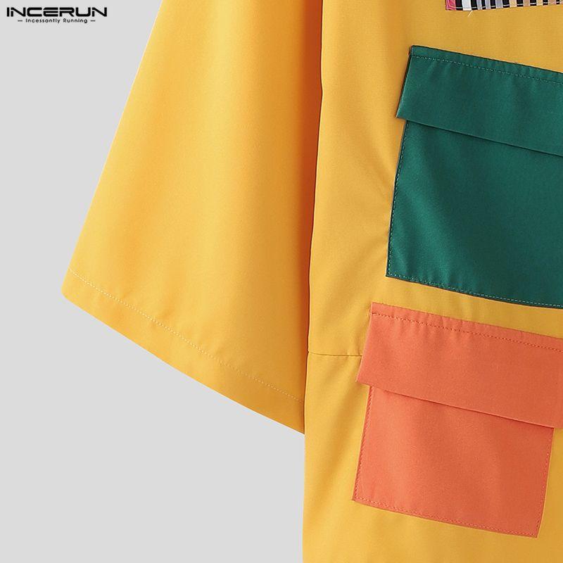 INCERUN Men 3/4 Sleeve Stitching Print Front Cross Splits Casual T-Shirts Tops