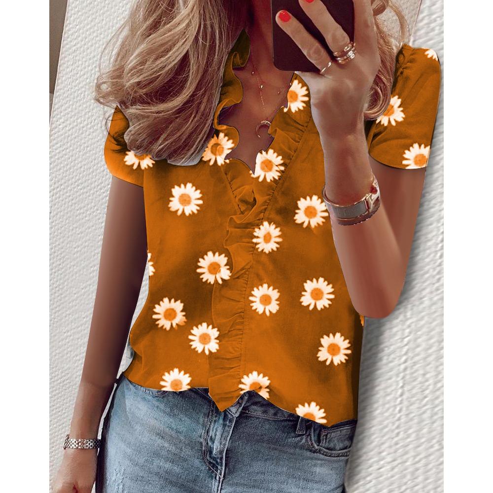 JPNTKY Women's Fashion Casual Summer Spring Floral Print Short Sleeve V-Neck Blouses & Shirts
